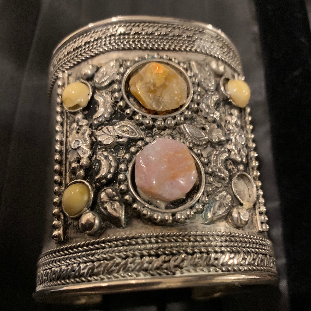 Vintage Handmade Thick Cuff Solid Silver With Gem… - image 1